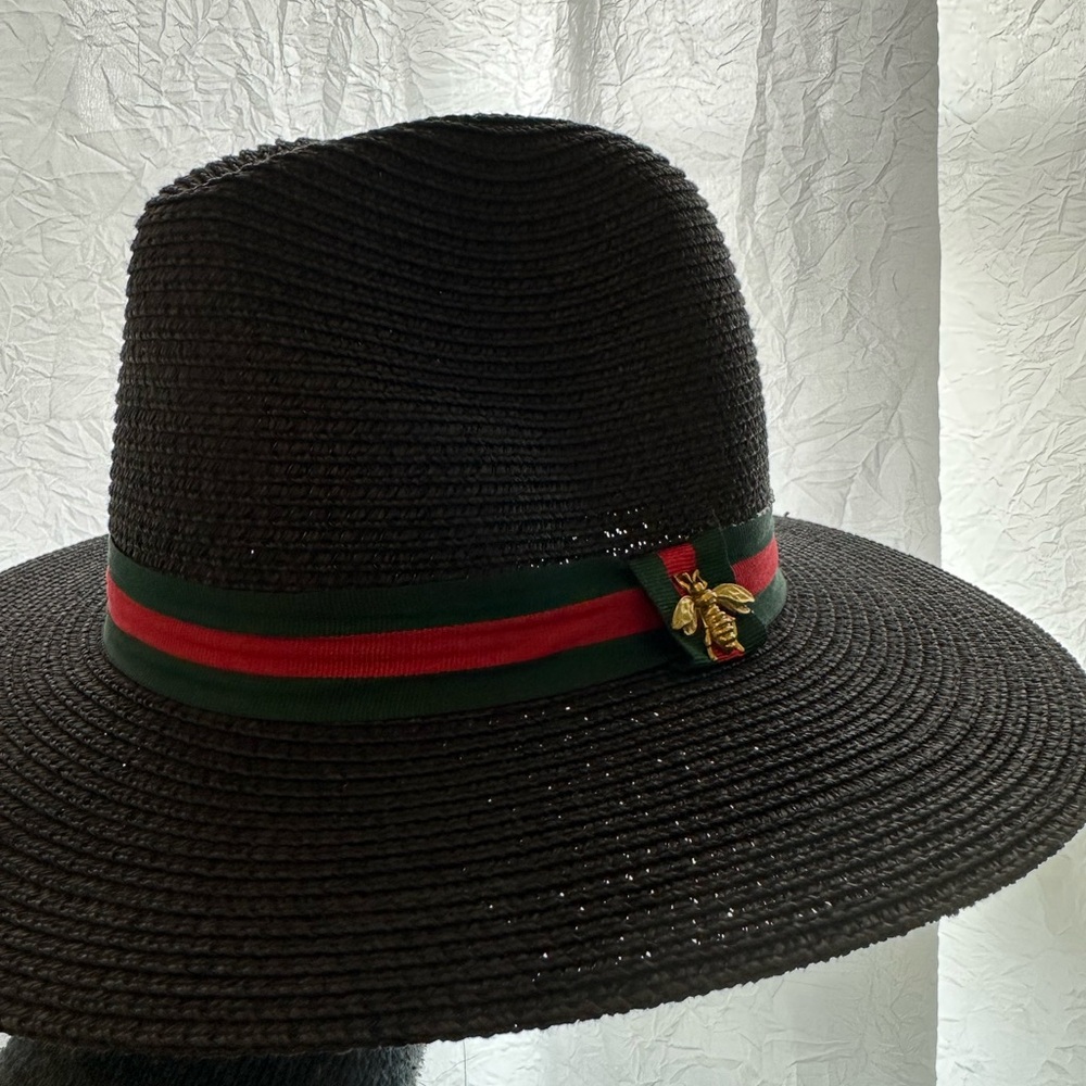 Designer Copy - Black Straw Fedora with Green and Red Bee Band - Picture 3 of 6